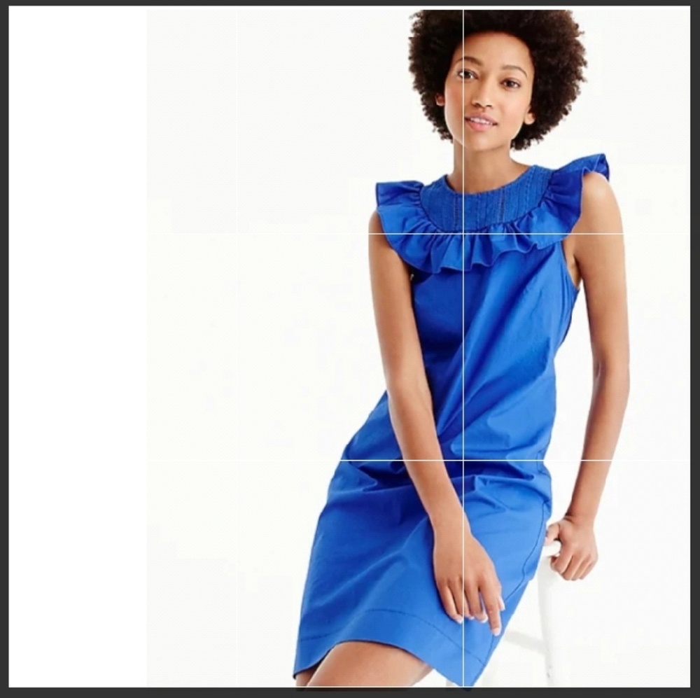 J.Crew Blue Ruffle Neck Drsss 8 Sz Embroidered